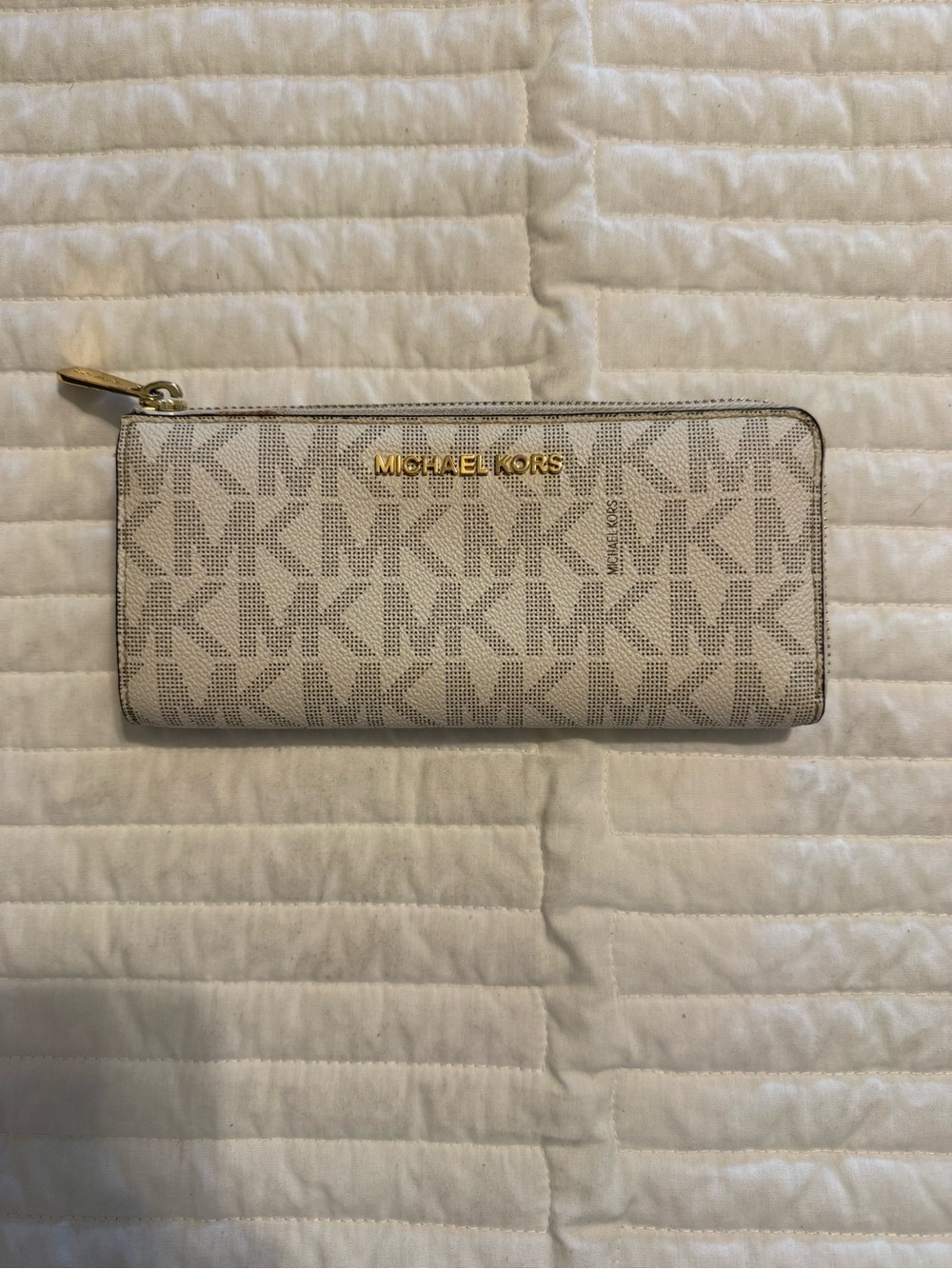 Michael Kors Beige Signature MK Zip Wallet with Gold Hardware